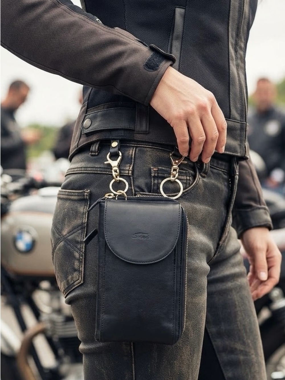 Premium Black Faux Leather Biker
Pouch/Phone Holder- Hip Clip with Gold Hardware